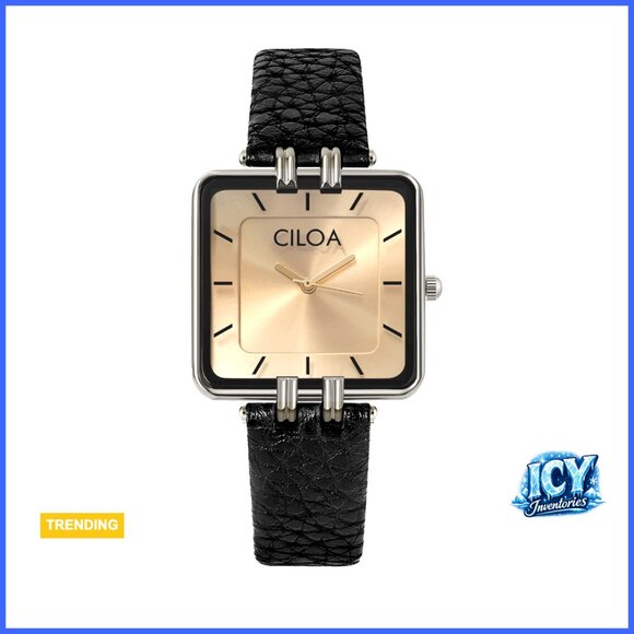 Gold-Tone Stainless Steel Case Black Leather Strap Square Watch